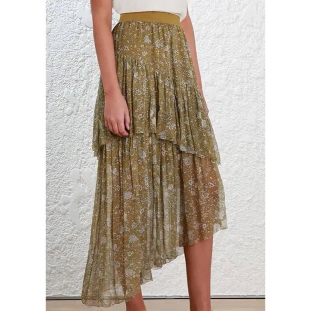 Zimmermann Silk Midi Skirt in Olive